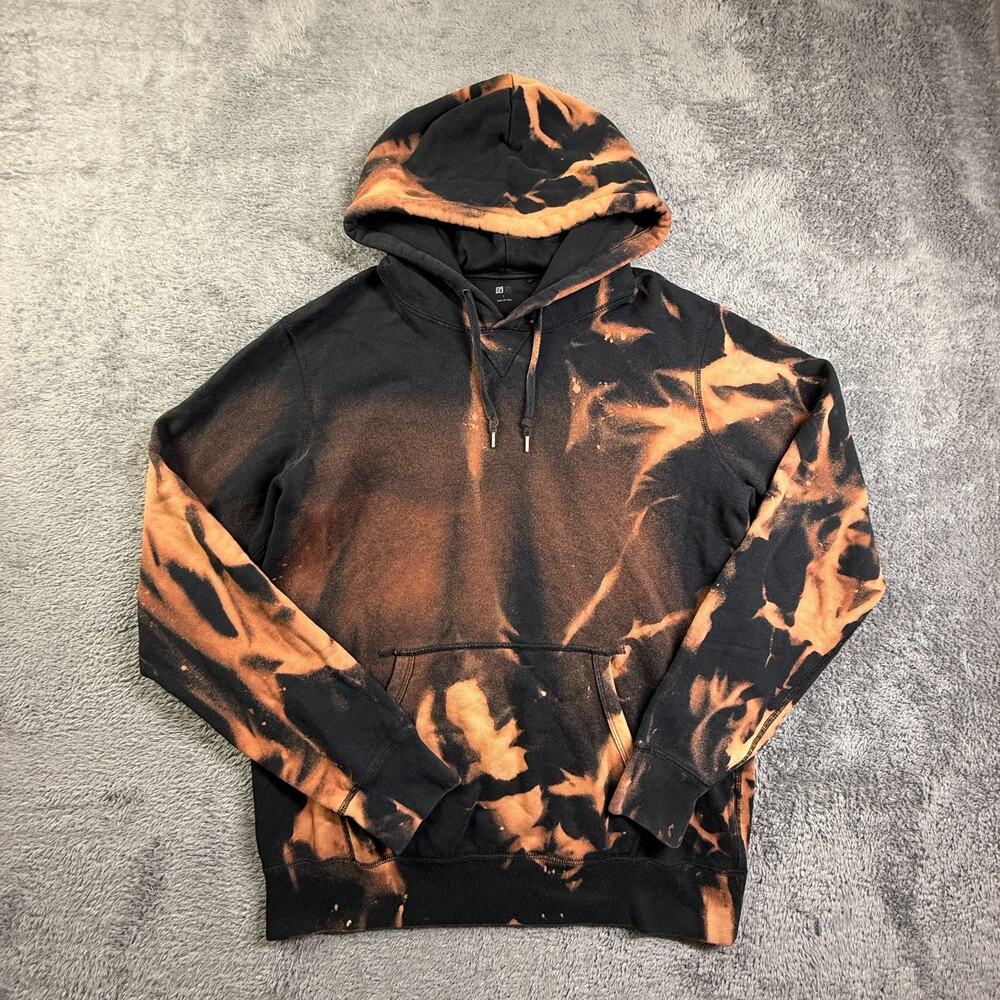 Uniqlo Mens L Hoodie Pullover Tie Dye Bleach Acid Wash Orange Black Cotton